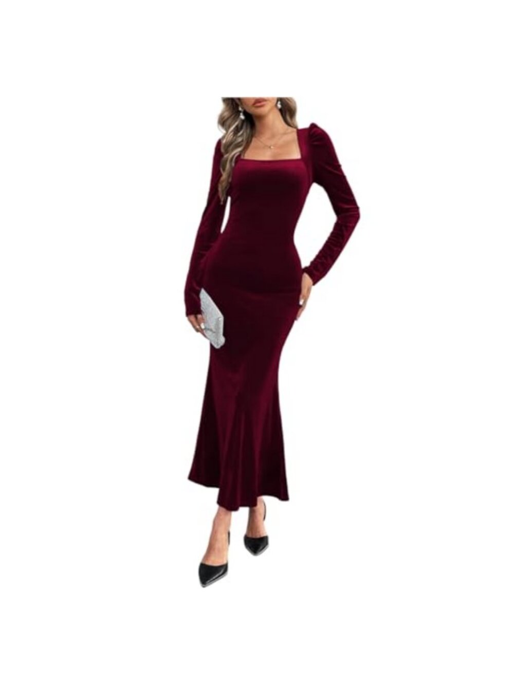 Velvet Bodycon Long Sleeve Square Neck Maxi Dress Formal Evening Party